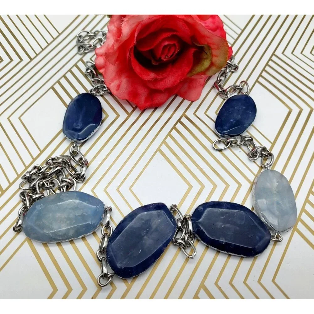 Chico's Silver Tone Long Chain Necklace with Blue Faux Stone Stations 42